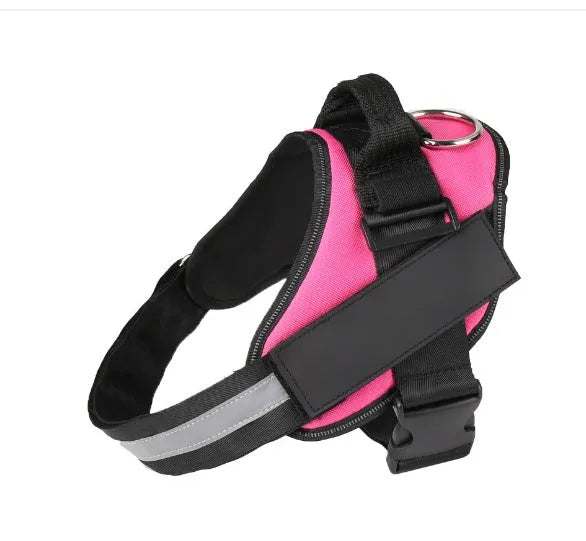 Adjustable dog harness with mesh padded vest in multiple colours, showing D-ring and reflective straps.