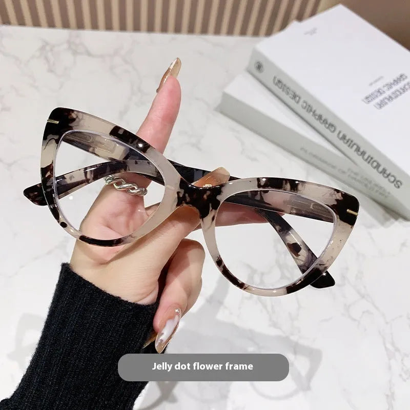 Women's large cat's eye reading glasses with dragon and phoenix decorations in floral or leopard print frame patterns