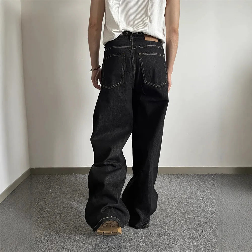 Black loose wide-leg straight-leg jeans with retro style and mid-waist zip closure