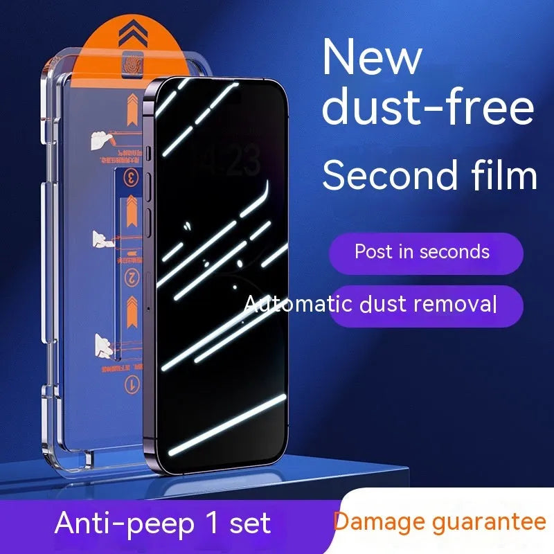 Dust-free Warehouse tempered glass iPhone screen protector two-pack showing HD and privacy variants