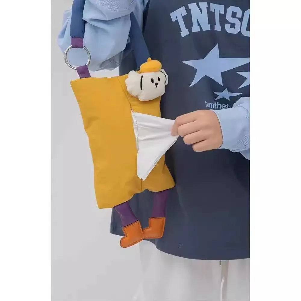 Plush hanging car tissue bag in baby crocodile colour measuring 25x19cm