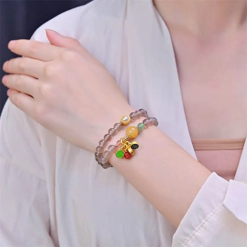 Natural grey agate women's bracelet with two-circle design and retro style