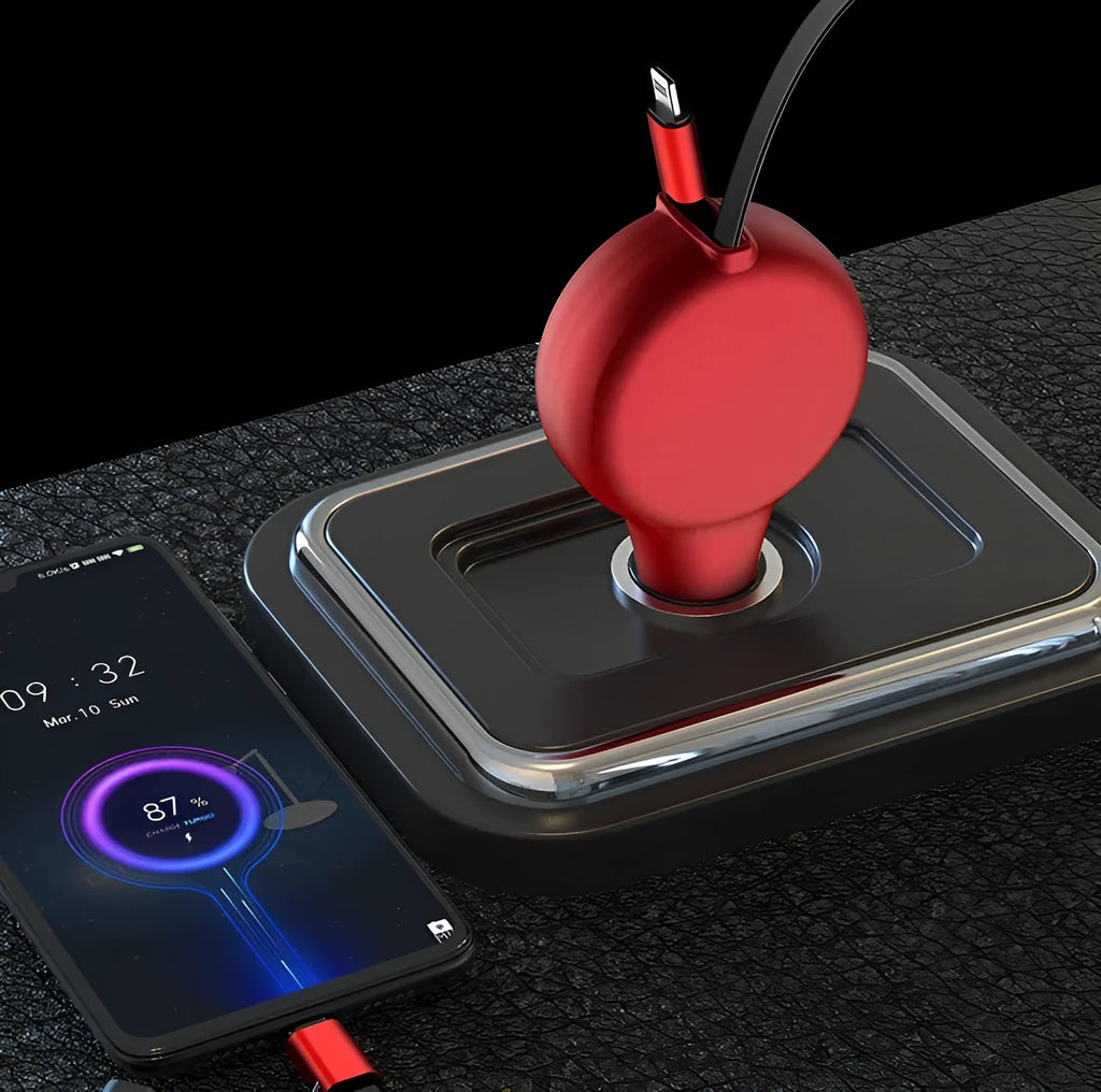 Black retractable car charger with extended cables showing Type-C, Lightning, and Micro-USB heads plugged into a car's 12V socket.