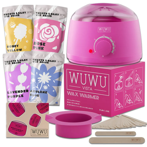 27-piece hypoallergenic wax kit with wax heater, coloured wax beads, and applicator sticks for home hair removal.