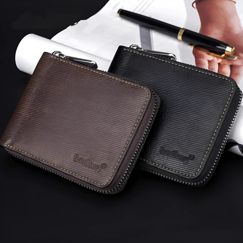 PU leather anti-theft credit card zipper wallet with embossed pattern in solid black colour