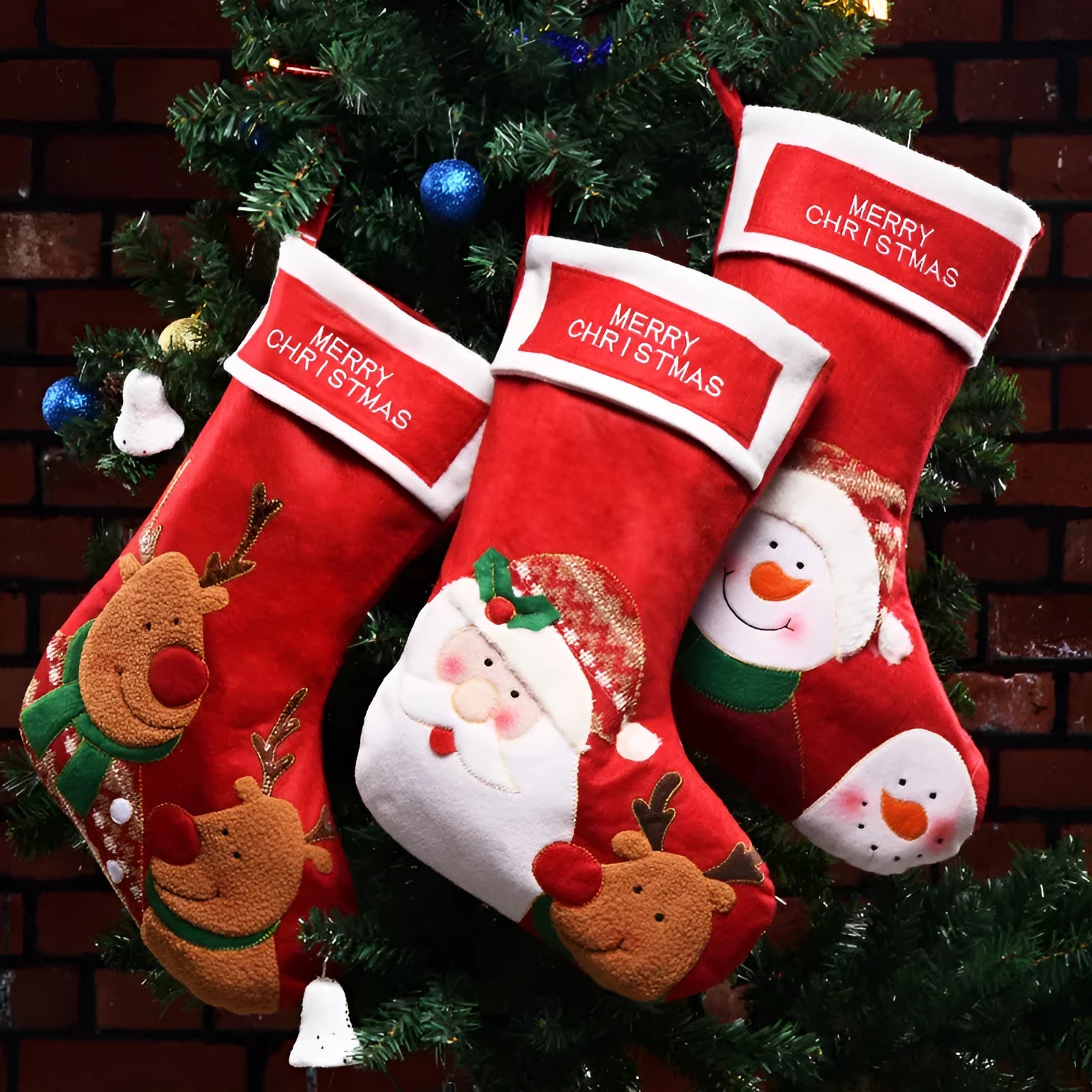 American style non-woven fabric Christmas stocking bag in elk, old man, or snowman design.