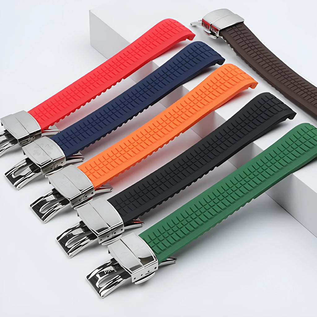 21mm rubber watch strap with folding buckle in black and silver finish