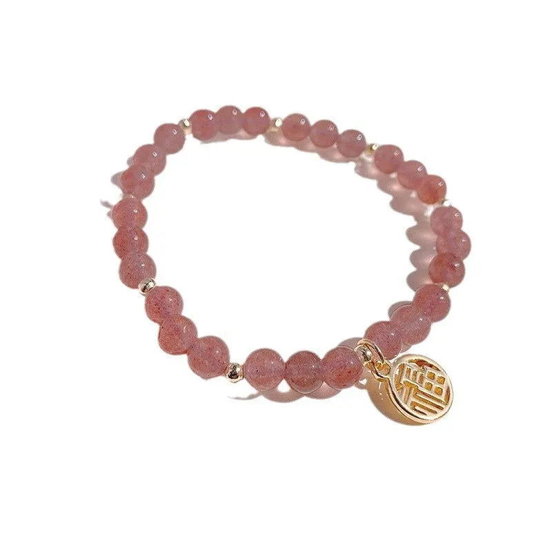 Strawberry quartz bracelet with blessing card in New Chinese style, manual processing, glass beads