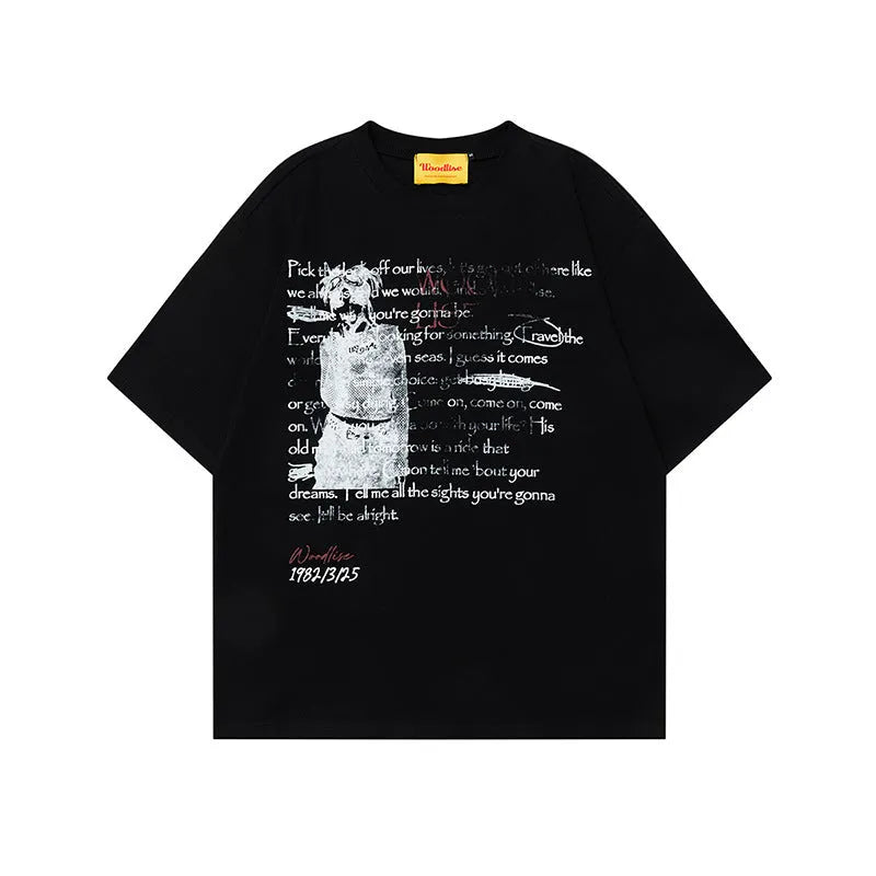 Men's black cotton t-shirt with white printed letter design and loose retro styling