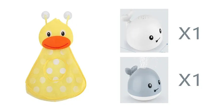 White and blue electric whale bath toy spraying water with flashing lights on a bathroom surface.