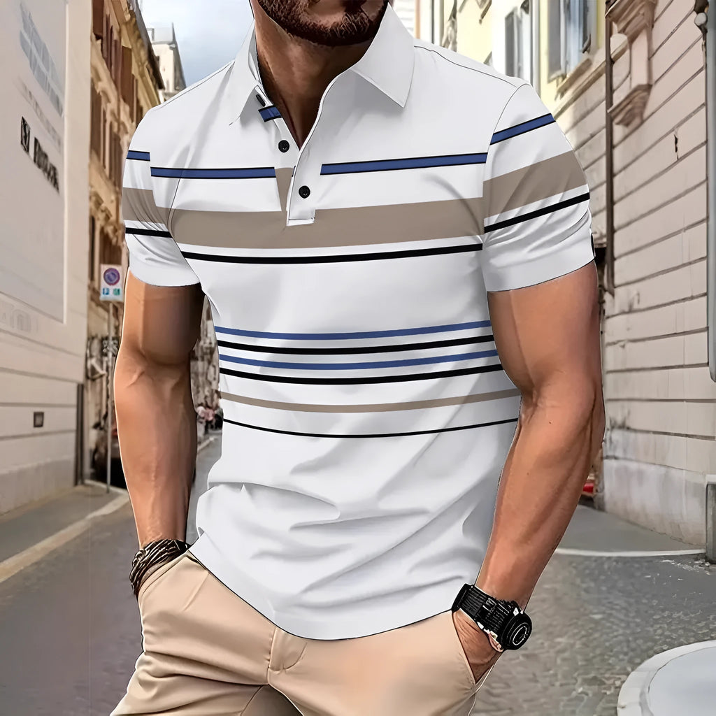 Men's white striped short sleeve slim fit T-shirt on hanger