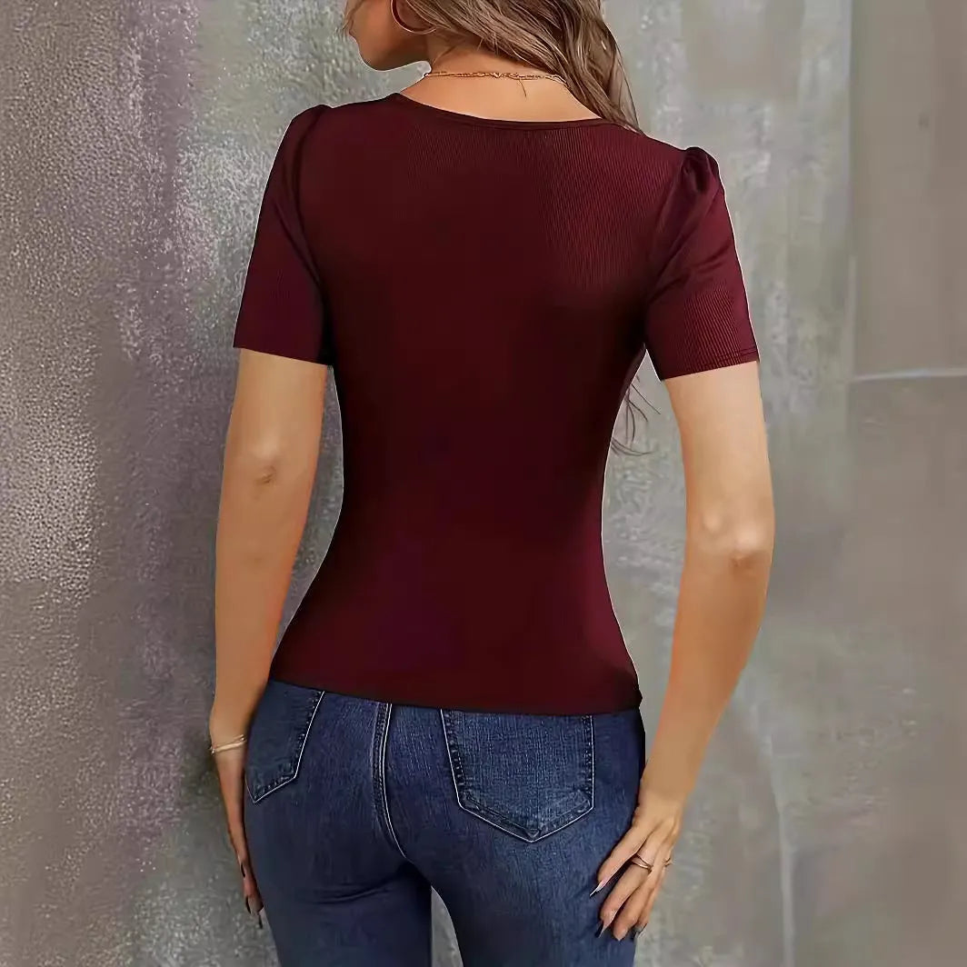 Women's low-neck slim fit knitted short sleeve top in wine red colour