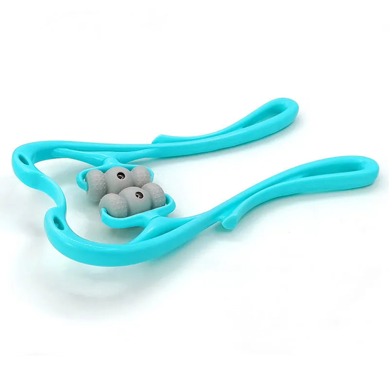 Blue manual neck massager with pressure nodes showing 360-degree rotation mechanism