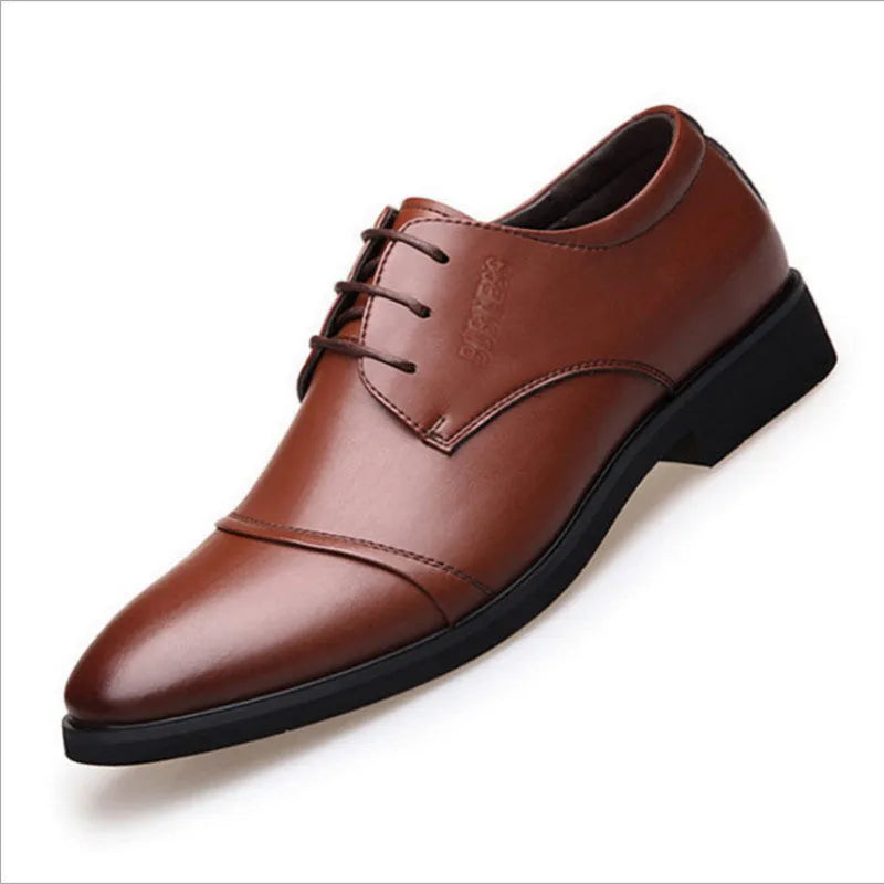 Men's black formal lace-up leather shoes with stitching detail, shown on a white background.