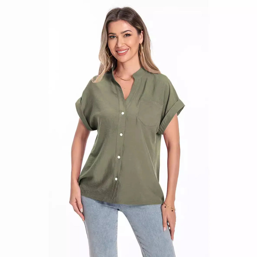 Women's loose fit stand collar button short sleeve top in Army Green colour
