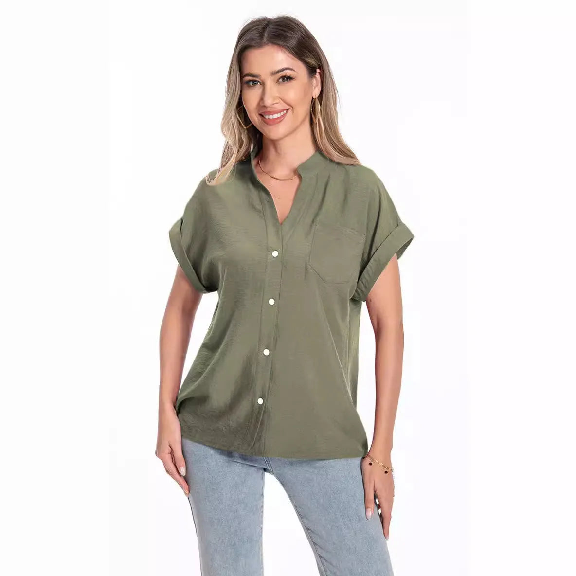 Women's loose fit stand collar button short sleeve top in Army Green colour