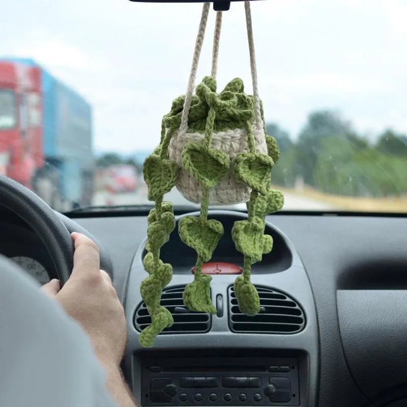 Green and white knitted wool car plant decoration with 8cm base and 25cm hanging rope