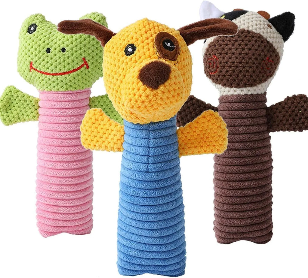 Soft cloth and polyester fibre squeaky stuffed dog chew toy, shown in calf, frog, or puppy shape, measuring 19cm long.