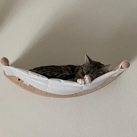 Solid wood cat wall hanging scratching post with climbing frame and hammock in natural wood colour