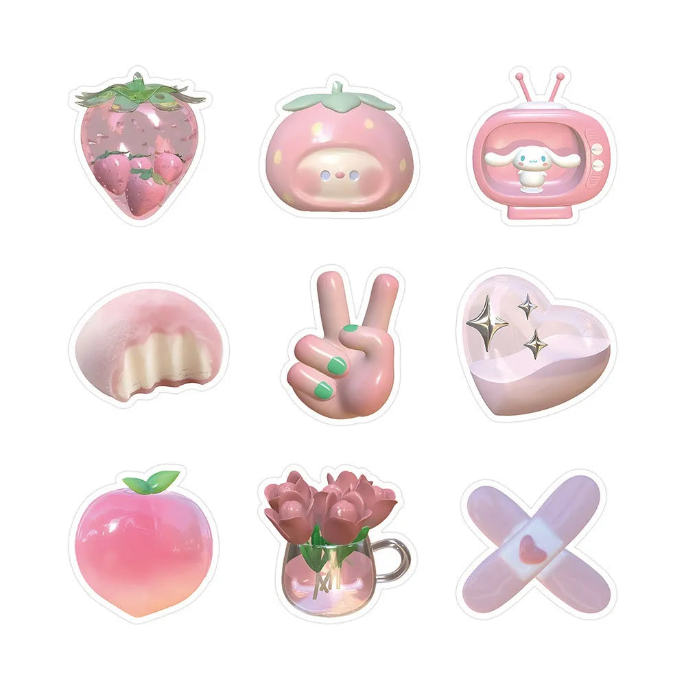 Pack of 63 pink 3D heart decorative stickers with cute style and adhesive backing.