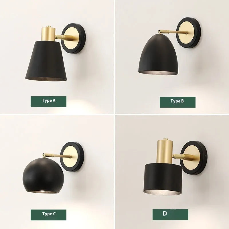 Nordic style iron wall lamp with a metallic shade for bedside or living room.