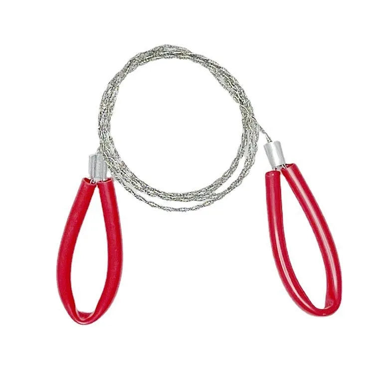 A black or red leather case containing a coiled stainless steel survival wire saw, approximately 70 cm long.