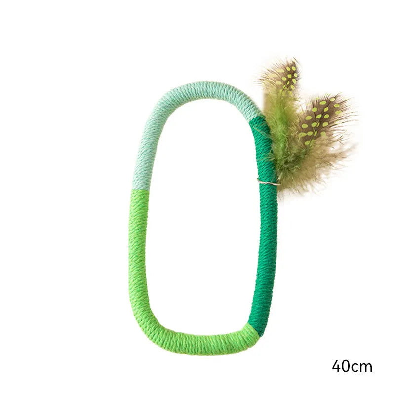 Green cotton rope circular cat toy with feathers attached for interactive play