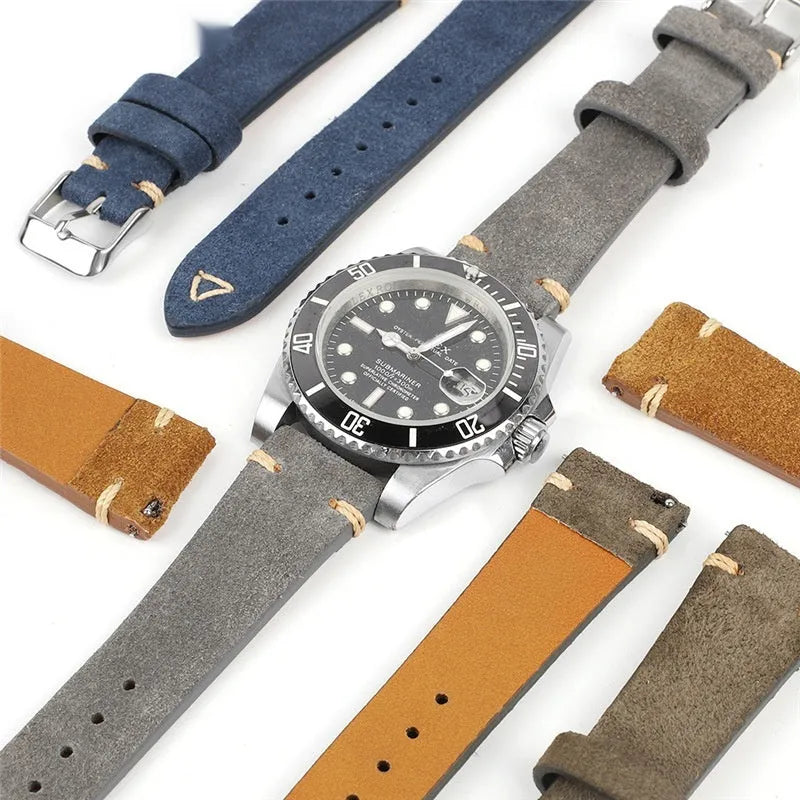 Small waist genuine suede leather watch strap in brown, blue, gray, and Army Green colours.