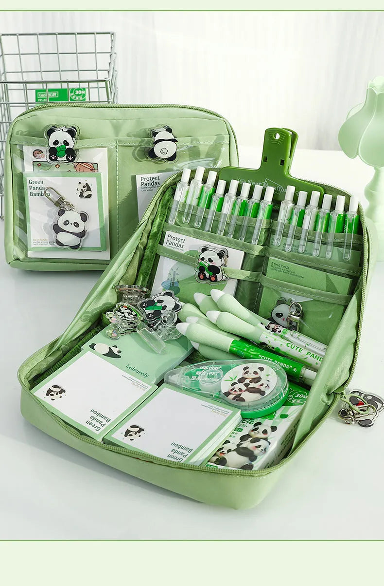 Green panda-themed pencil case with 12 layers for stationery organisation in Korean style canvas design