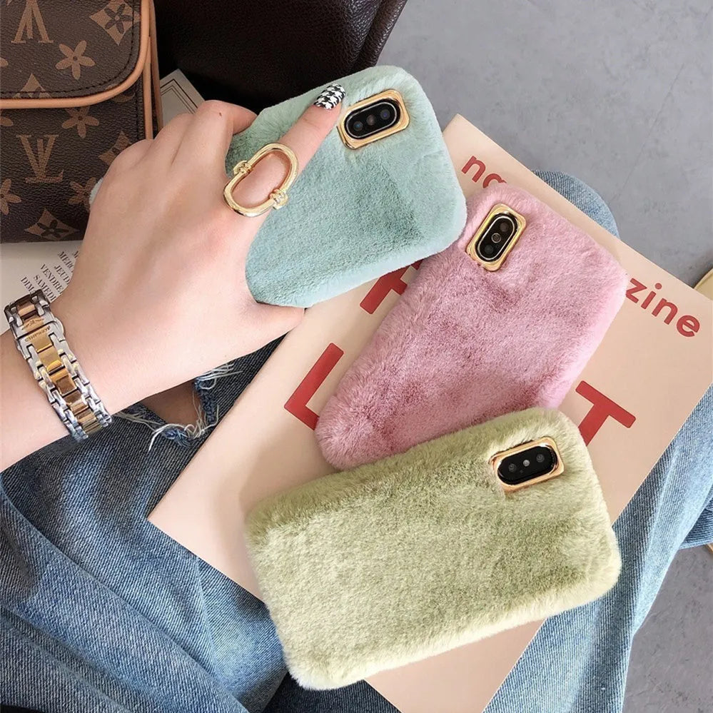 Rabbit plush phone case for iPhone with soft silicone shell and raised camera circle