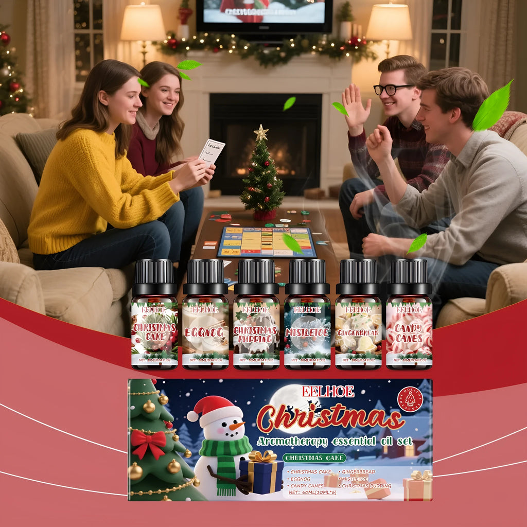 Christmas aromatherapy oil set showing six bottles including one 60ml large bottle with warm home fragrance