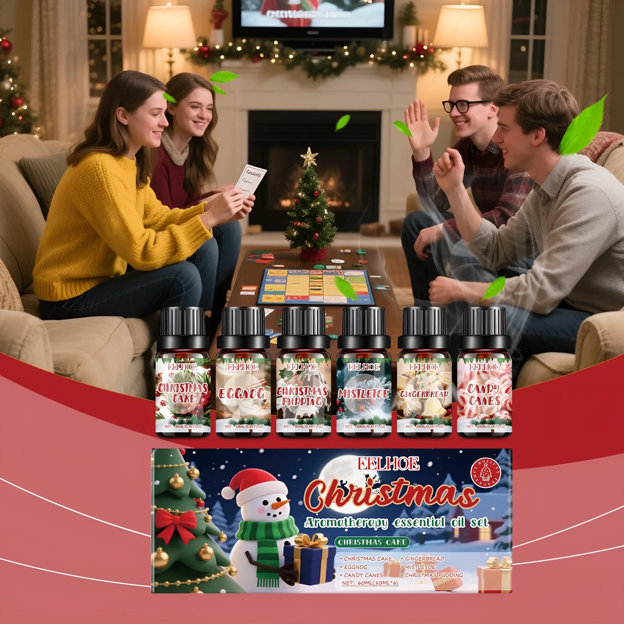 Christmas aromatherapy oil set showing six bottles including one 60ml large bottle with warm home fragrance
