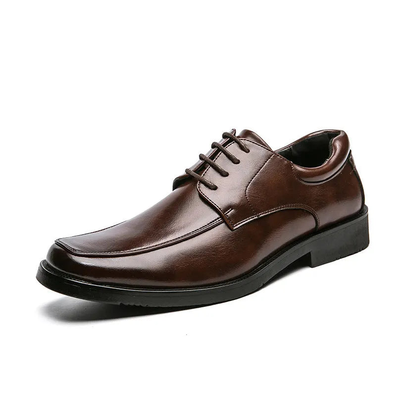 Men's black square toe leather business casual shoes with low-top ankle height