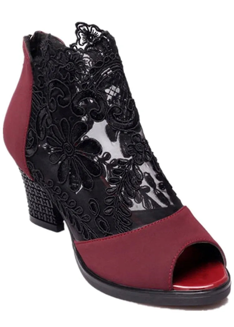 Women's black lace gladiator sandals with square high heels and zip closure