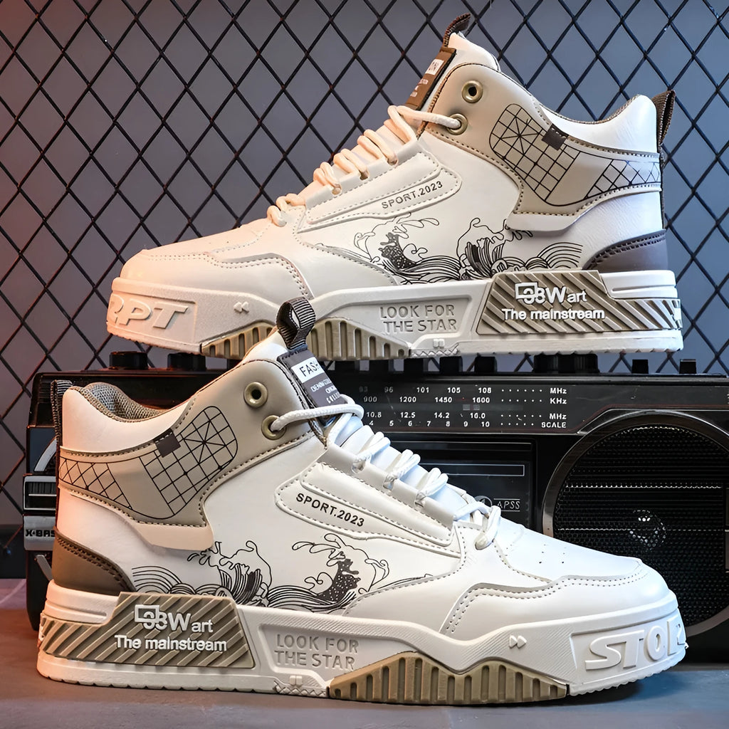 Men's beige high-top board sneakers with lace-up front and rubber sole.