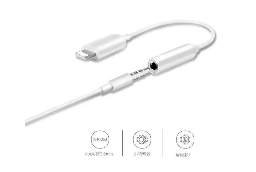 White Lightning to 3.5mm audio adapter for iPhone 7 6 6S models with gold-plated connector