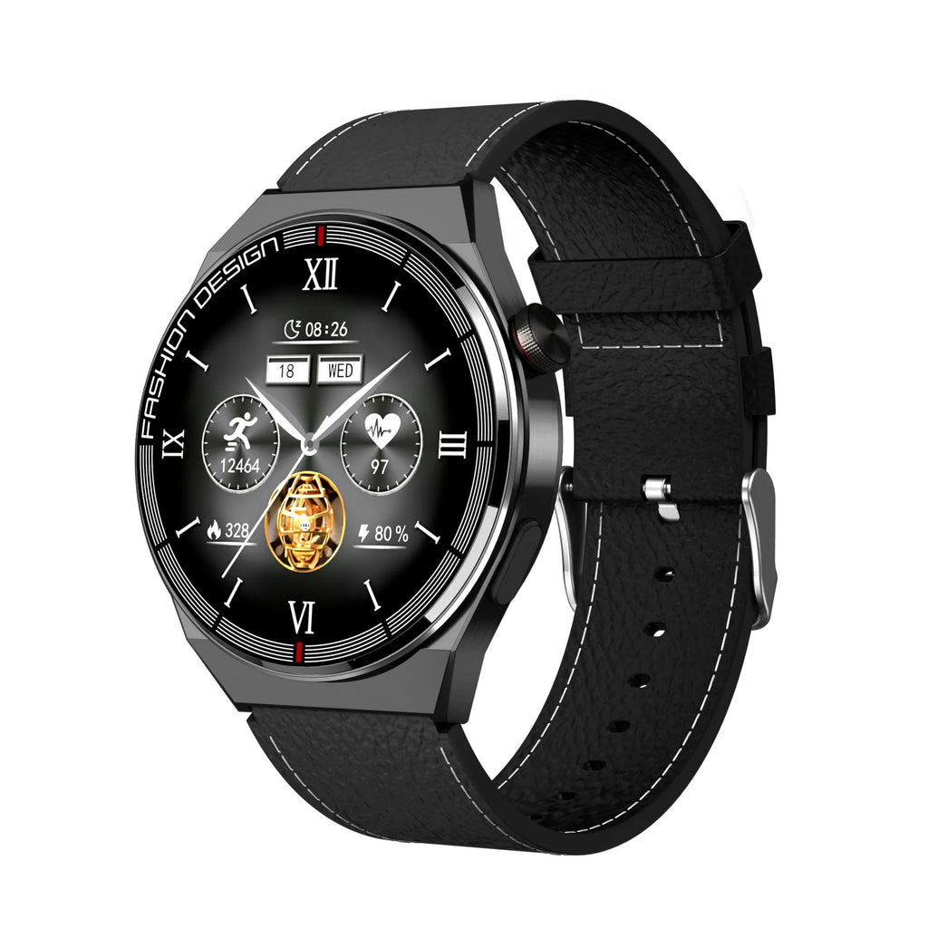 Black smartwatch with heart rate monitor on a silicone strap, showing a call screen on its 1.28-inch display.
