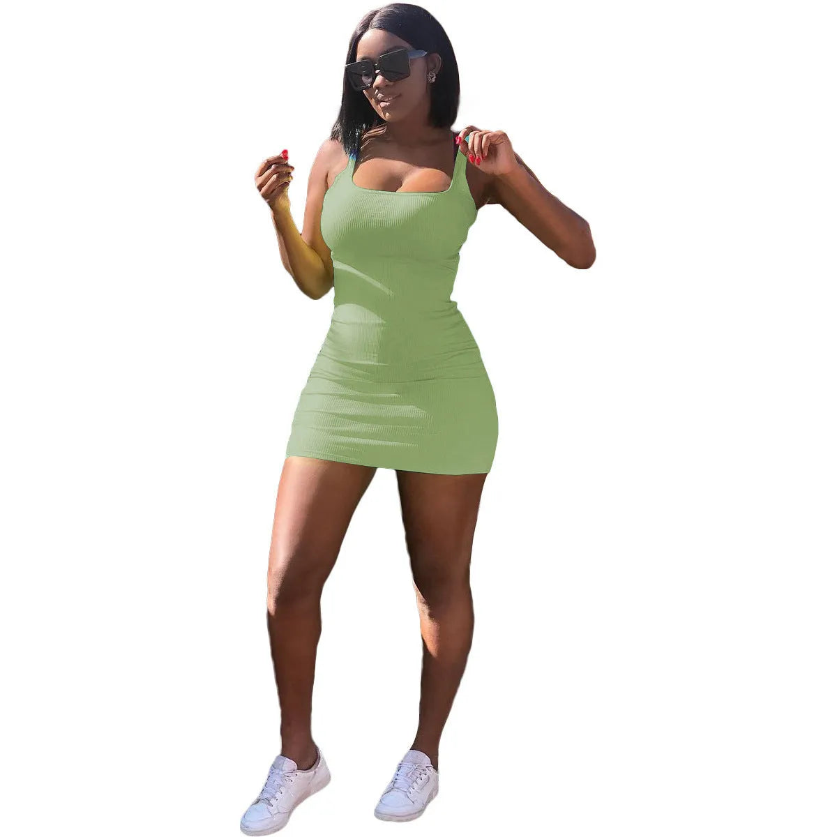 Women's casual slim fit dress with a big U-neck, sunken stripes, straps, and princess sleeves in a light colour.