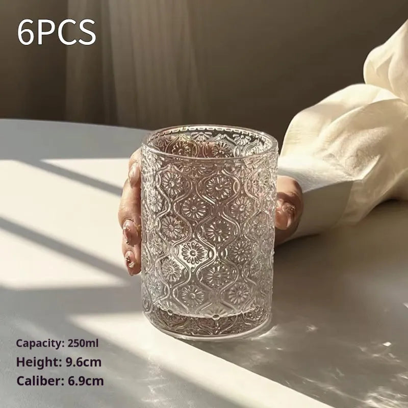 A solid colour begonia patterned glass water cup shown in both tall 380ml and short 250ml sizes.