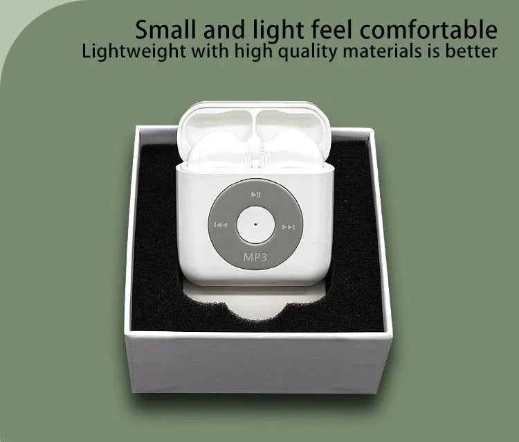 White wireless Bluetooth semi in-ear earphones next to their compact charging case.