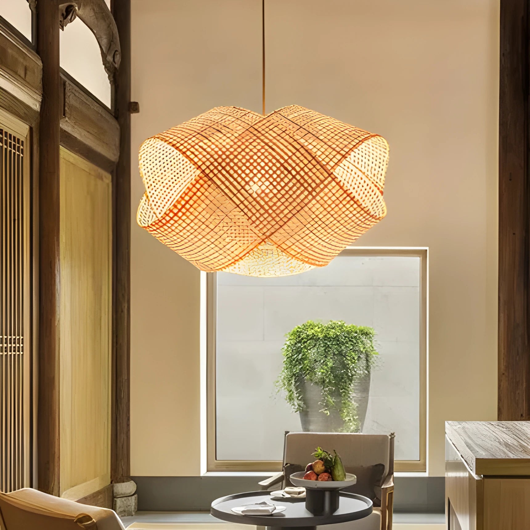 Rattan woven ceiling lamp in New Chinese style with adjustable height feature