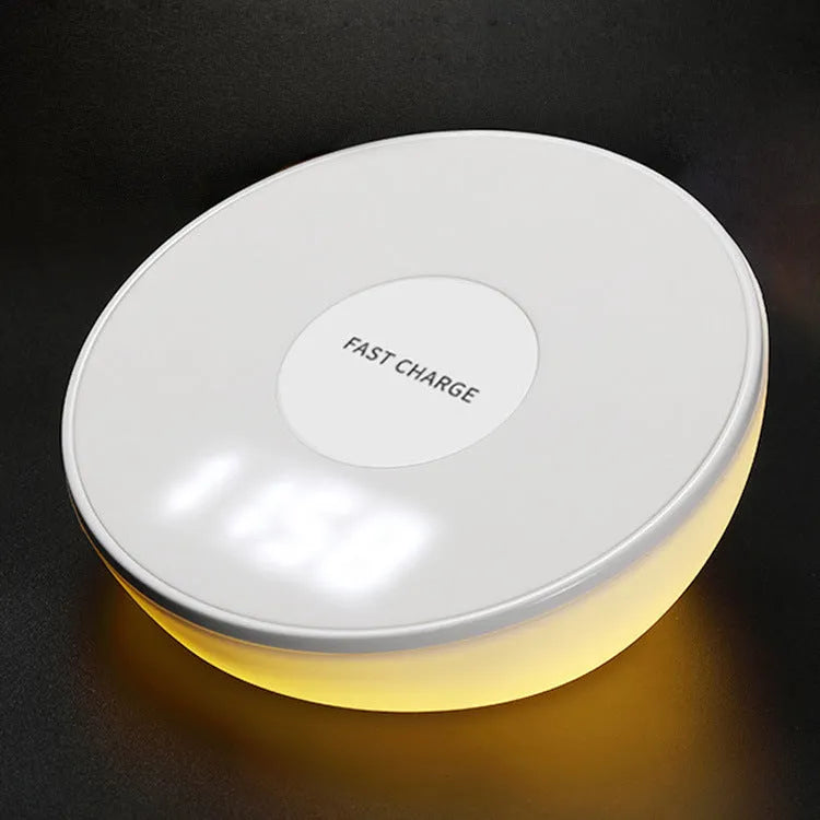 White 10W wireless charging pad with digital clock display and alarm functions