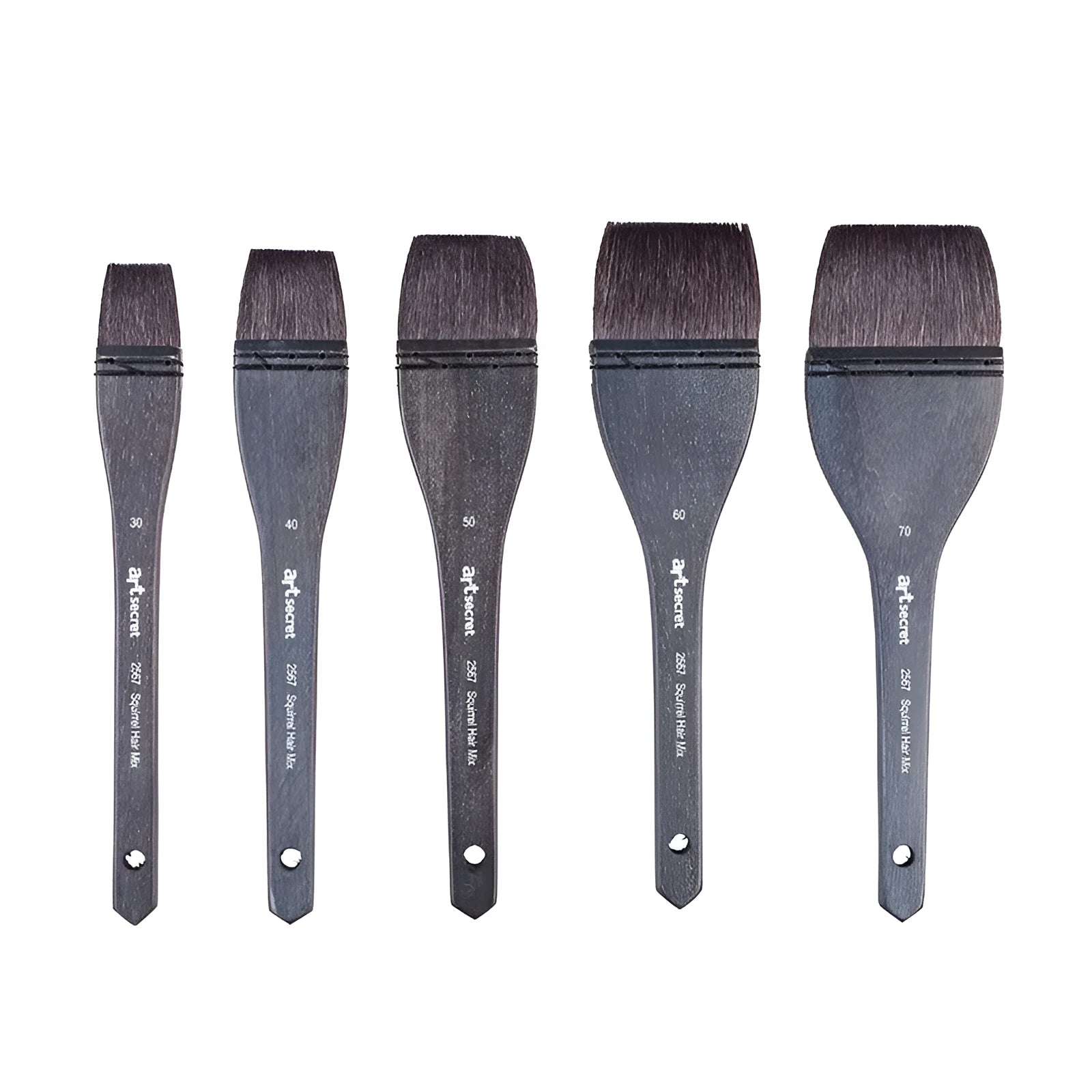 Grey squirrel hair makeup brush with a light wood handle on a plain background.