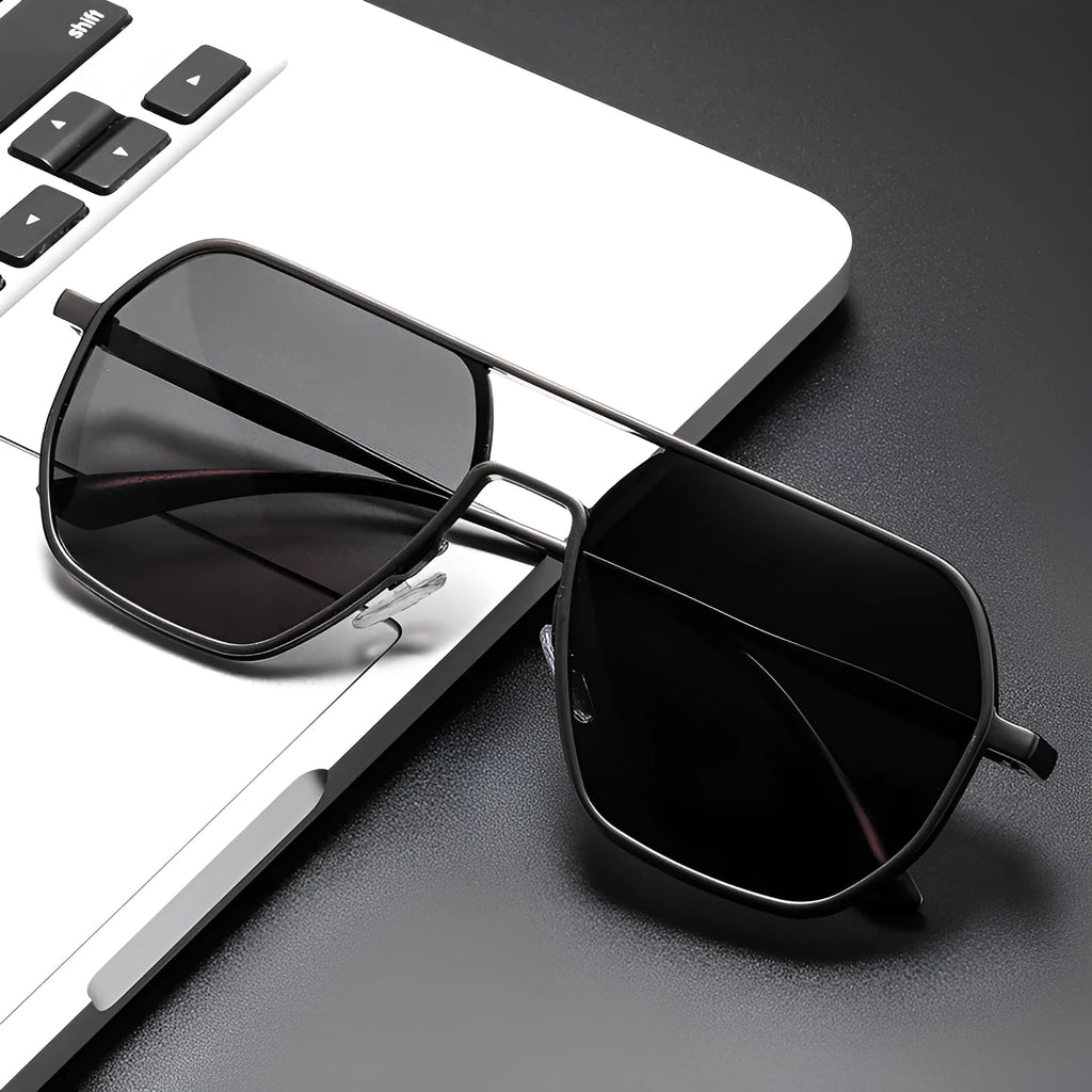 Men's polarised sunglasses with irregular black frame and black & grey lenses for driving and UV protection
