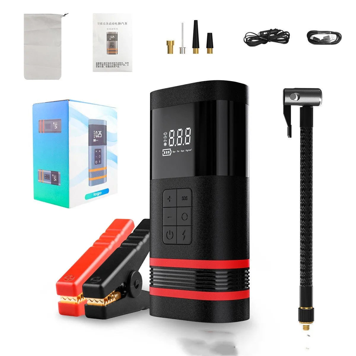 Black rectangular car jump starter power bank with connection cables and LED light