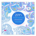 A5 mandala colouring book open showing black ink patterns on white paper with soft binder cover