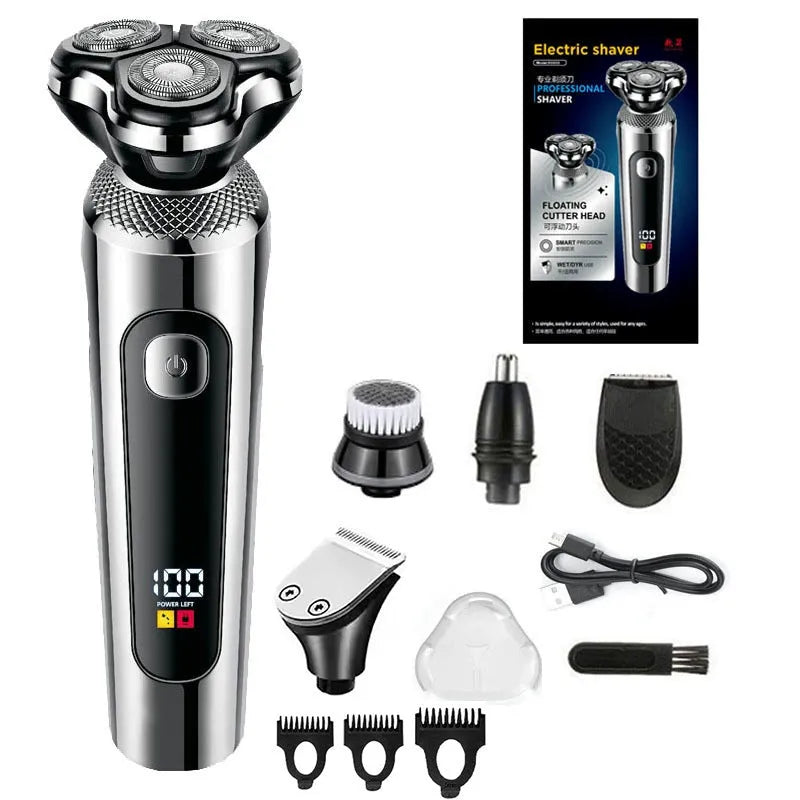 USB rechargeable beard trimmer with digital display and washable design on five-in-one base bracket