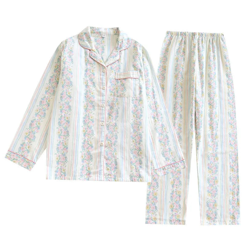 Japanese sweet style women's cotton gauze homewear two-piece set with long sleeves and trousers.