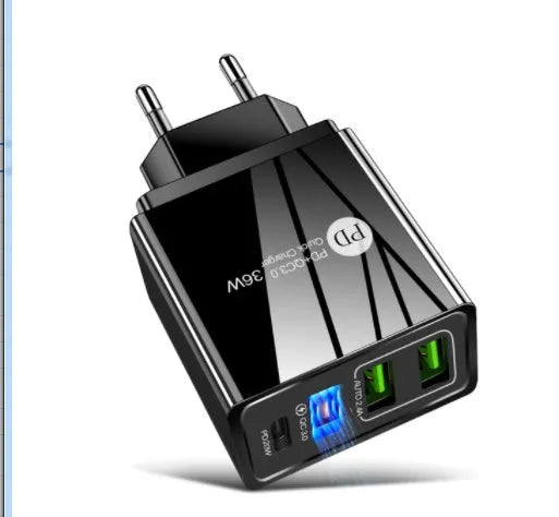 Dual USB fast charge travel charger in black or white with international plug options