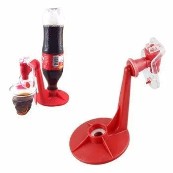 Red plastic soda dispenser attached to inverted 2-litre bottle for push-button drink serving